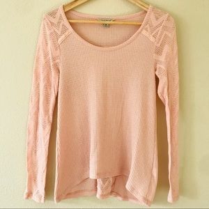 Lucky Brand Scoop Neck Long Sleeve Crochet Lace Waffle Knit Pink Size Medium
